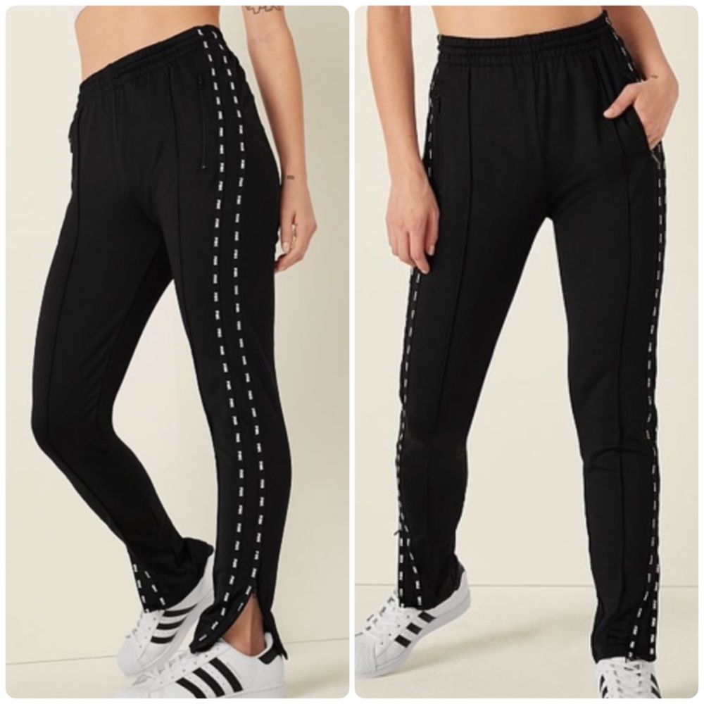 Pink Victoria’s Secret Black Track Pants Zipper Leg Logo Tape Joggers Size L